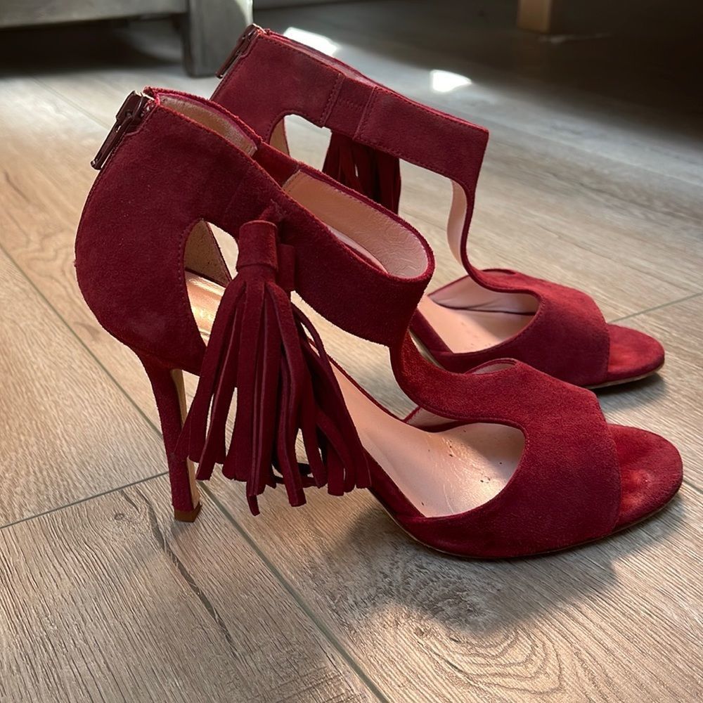 Kate Spade burgundy fringe heels